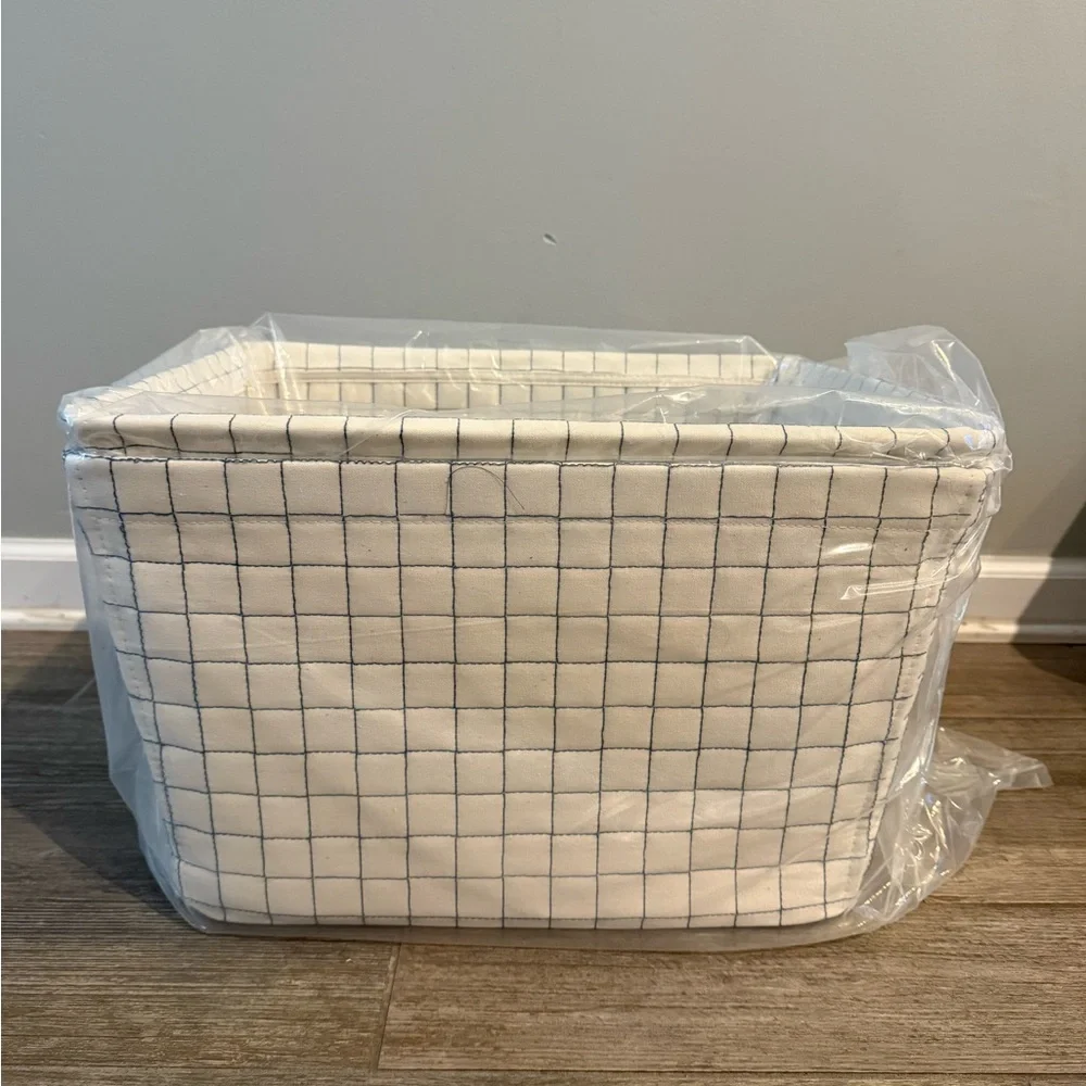 The Container Store Cream and Blue Grid Storage Basket (2)